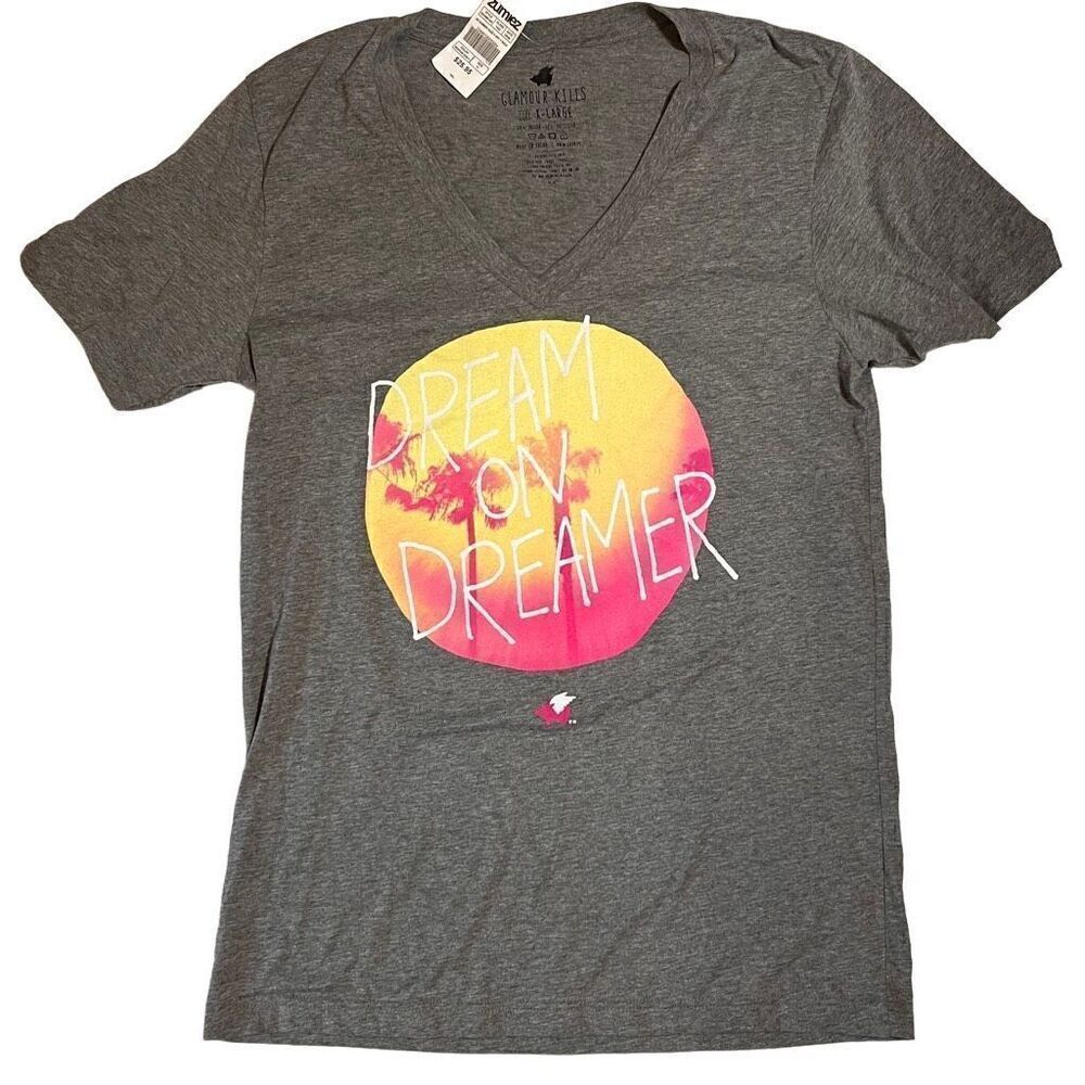 Glamour Kills Women Top Tee Short Sleeve Graphic Print Dream on Dreamer Gray XL